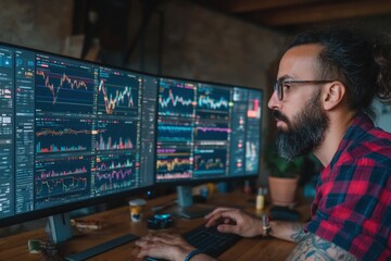 Market analyst monitoring stock trends home office digital workspace tech environment close-up view financial insights