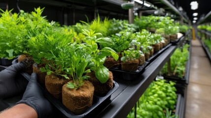 A person is holding a tray of plants in a greenhouse