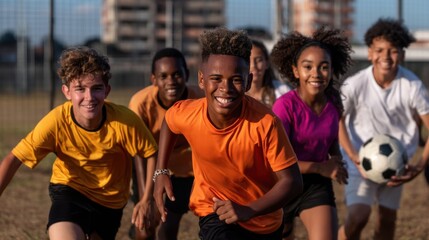 A group of young people are playing soccer and smiling