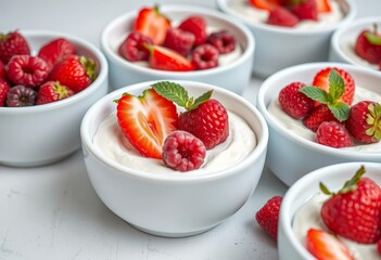 Close-up of white bowls brimming with creamy Greek yogurt, topped with vibrant strawberries and raspberries, texture,  food styling.