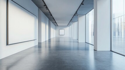 Modern gallery with a blank white wall and concrete grey floor