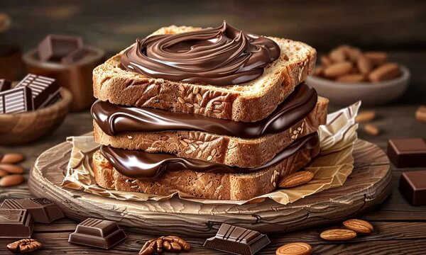 Stacked toasted bread sandwiches lavishly drizzled with rich, glossy chocolate and adorned with nuts.