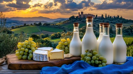 Scenic milk and cheese still life