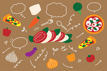 かわいい カプレーゼ ピザ 野菜 吹き出し 矢印 セット