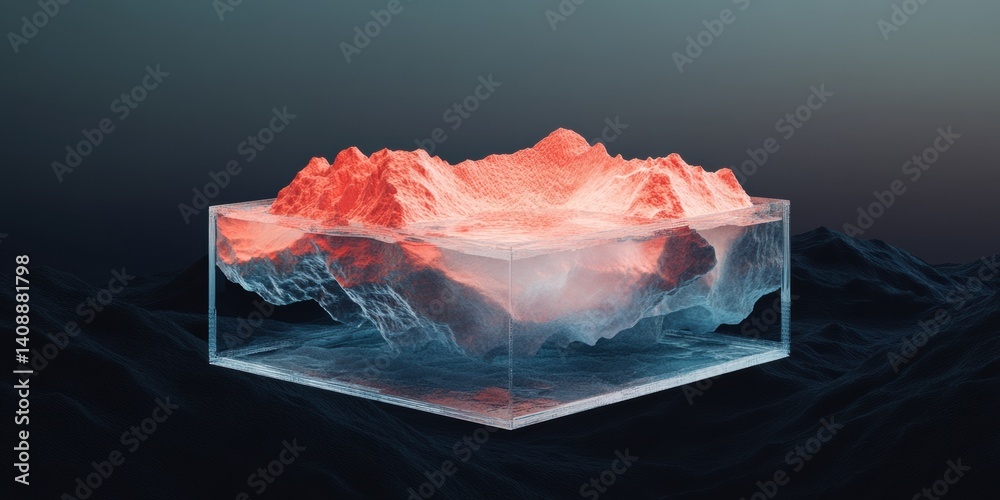 Poster Futuristic Data Landscape Isometric Digital Terrain Visualization in Translucent Glass Container - Immersive Analytics and AI-Driven Insights for Tech Innovators