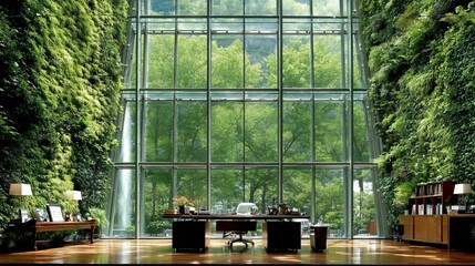 Modern office with living walls. Interior view of an office looking out to green space