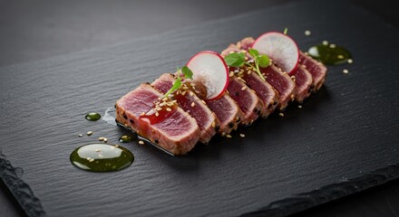 Seared tuna slices garnished with radish and sauce on a dark slate plate.
