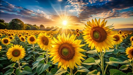 Fototapeta premium Sunflower Field at Golden Sunset