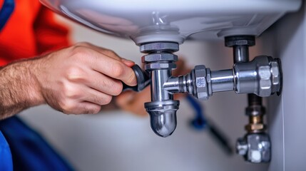 Plumber connecting water supply lines under bathroom sink. Featuring craftsmanship and precision
