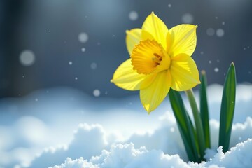 Close-up of yellow narcissus daffodil blooming among snowflakes, nature, growth, fresh © DITSARAPHAN
