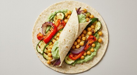 Tortilla wrap filled with vegetables including zucchini chickpeas and red pepper.