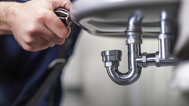 Plumber fitting a pipe under a bathroom sink. Featuring expertise and attention to detail