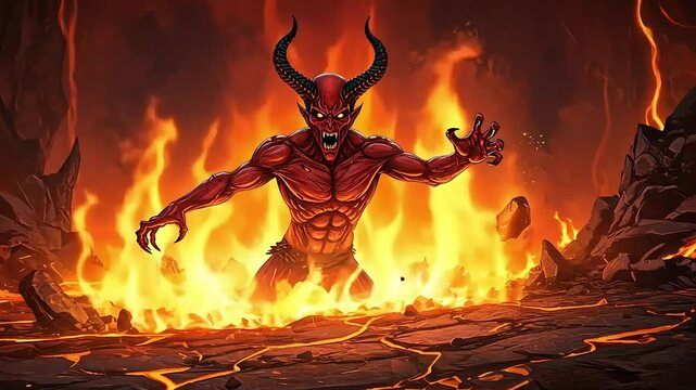 Fiery Demon Emerging from Hellish Flames