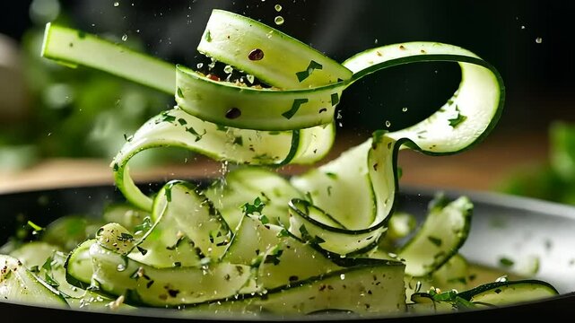 Freshly prepared zucchini ribbons garnished with herbs, showcasing culinary creativity in a kitchen