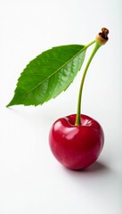 Close-up shot of a single sweet cherry with green leaves against a plain white background, vibrant, natural, food