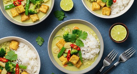 Bowls of green curry with tofu rice broccoli and lime on blue background.
