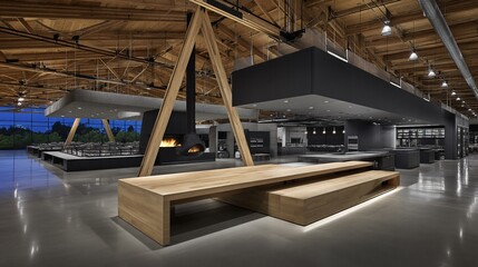 Modern open-plan interior with wood accents, suspended features, fireplace, and geometric furniture elements