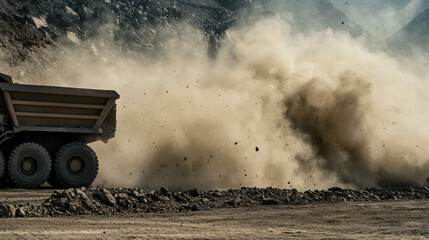 Fototapeta premium Heavy Dump Truck in Mine Site Kicking Up Dust Amidst Rocky Terrain with Mountain Background