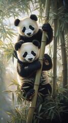 Obraz premium Giant Panda with its cub climbing up a bamboo tree capturing the tender moment with rich details of their fur and the surrounding dense bamboo foliage all lit by the soft glow of morning light