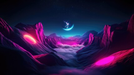 Fototapeta premium Landscape of alien planet beneath mystical skies and surreal moon concept. Futuristic landscape with vibrant colors and serene atmosphere.