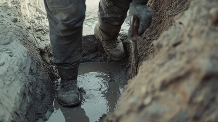Obraz premium Plumber fixing a drain at a construction site. Featuring precision and expertise