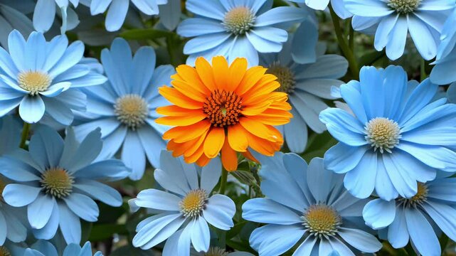 Zoom-out video of a luxurious, vibrant, mono scabiosas wall with one bright orange flower among blue ones, ambient light, establishing scene