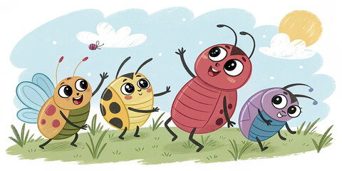 Fototapeta premium A Group of Cartoon Bugs with Big Eyes â€ AI GeneratedA Group of Cartoon Bugs with Big Eyes â€ AI Generated