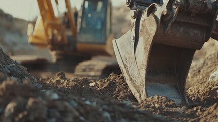 A construction worker operating a power shovel on a site. Featuring machinery handling and focus