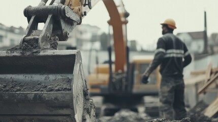 A construction worker operating an excavator at a building site. Featuring coordination and control