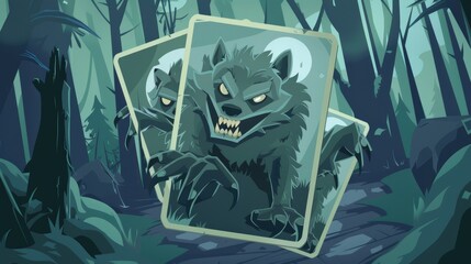 A card game interface, there is a werewolf in the card, the werewolf wearing broken short sleeves, showing fangs, looking ahead, the whole body