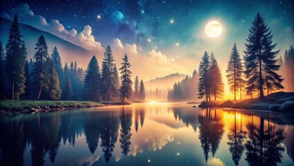 Fototapeta premium Tranquil Lake Reflection at Night