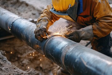 A construction worker welding metal pipes for a plumbing system. Featuring plumbing installation and welding