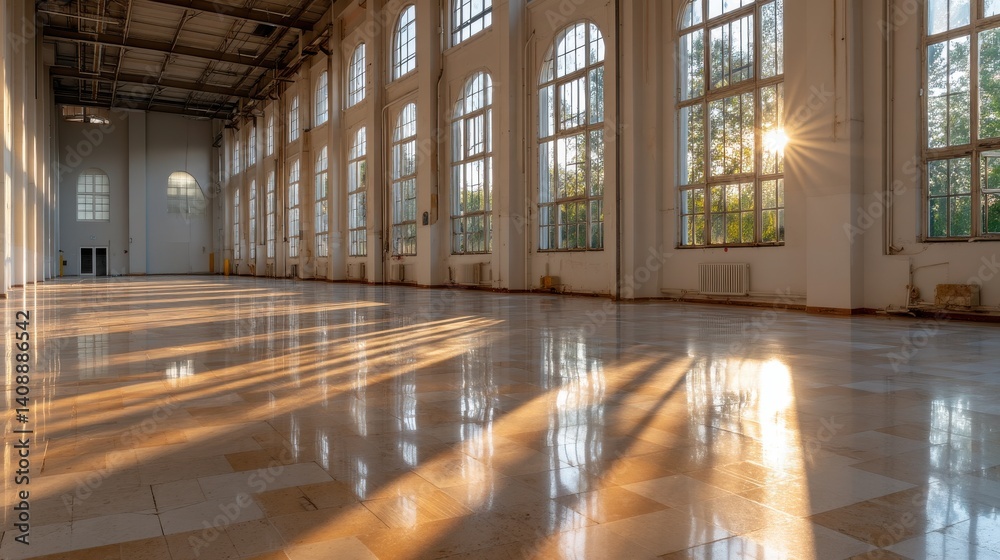Poster a large, empty room with a lot of windows and a sun shining through them