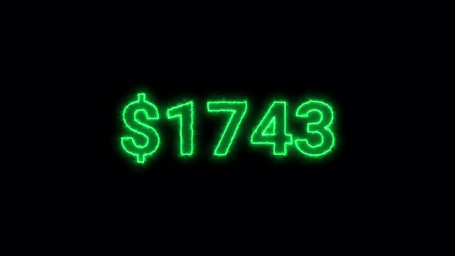 Neon number count from 0 to 3500 animation on black background, neon  number counter with dollar sign animated with alpha channel.