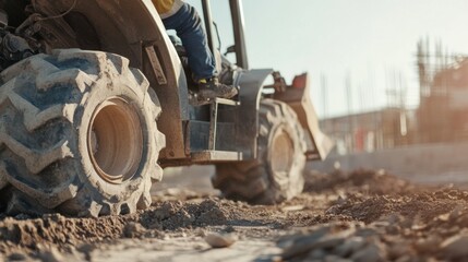 A construction worker operating a skid steer loader to move materials. Featuring machinery operation and precision