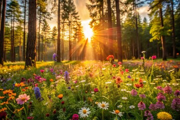 Obraz premium Sunlit Meadow with Wildflowers in Forest