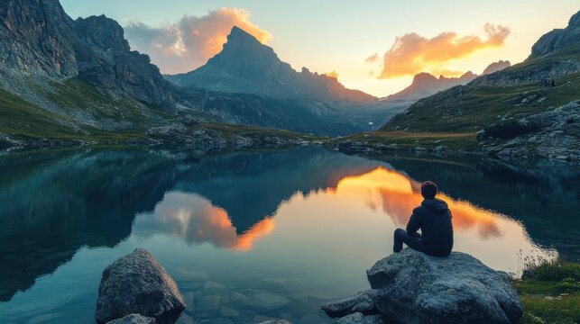 Breathtaking alpine lake view at dawn with a person sitting on the rocks near tranquil waters reflecting the sky : Generative AI.