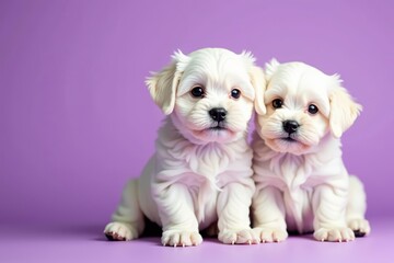 Obraz premium Close-up shots of beautiful Maltese puppies on purple backdrop, cute, fluffy, vibrant