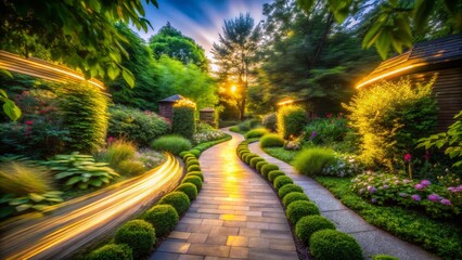 Obraz premium Serene Garden Pathway with Light Streaks