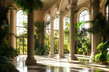 Fototapeta premium Sunlit colonnaded hall filled with tropical greenery