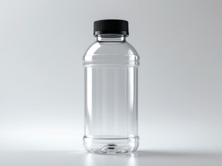A clear plastic bottle with a black cap, standing upright on a smooth, white surface.