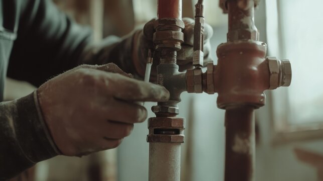 Plumber fixing a leaky pipe at a construction site. Featuring focus and skill