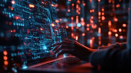 Person interacting with a laptop, surrounded by an AI circuit overlay, set against a futuristic digital backdrop