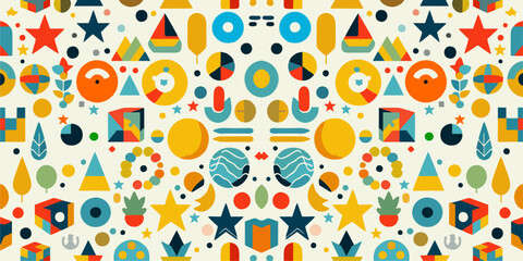 Fun and colorful seamless pattern collection featuring geometric shapes such as circles, triangles, squares, and stars. Designed for children, with a playful and cheerful vibe