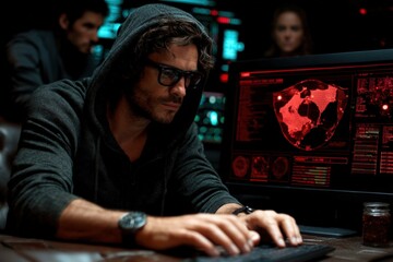 Cybersecurity expert analyzing data breach threats in a high-tech command center