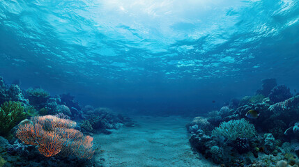 Naklejka premium Underwater Scene with Colorful Coral Reefs and Sunlight Filtering Through Ocean Water