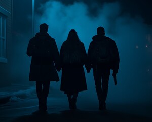 Three people walk forward into blue atmospheric darkness holding hands