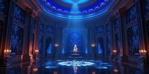 Fototapeta premium Majestic Blue Hall Fantasy Palace Interior Throne Room Grand Ballroom Elegant Design