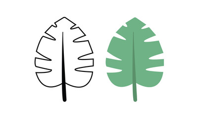 Simple illustration of a Monstera leaf in both outline and filled styles on a white background. Perfect for eco design, botanical art, or nature-themed graphics.