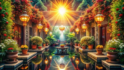 Fototapeta premium Illuminated Garden Courtyard with Reflective Pool
